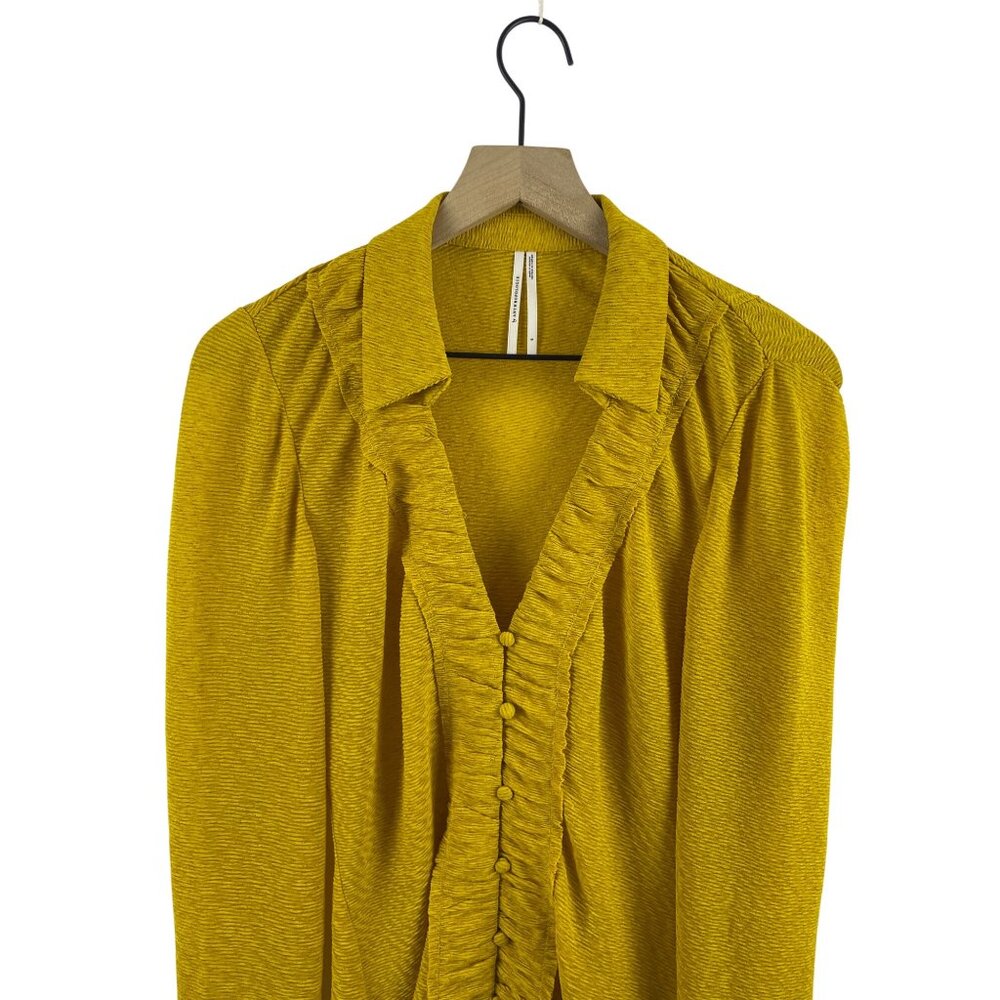 Anthropologie Women's Small Mustard Yellow Collared Flounce Sleeve Button Blouse - Picture 2 of 10